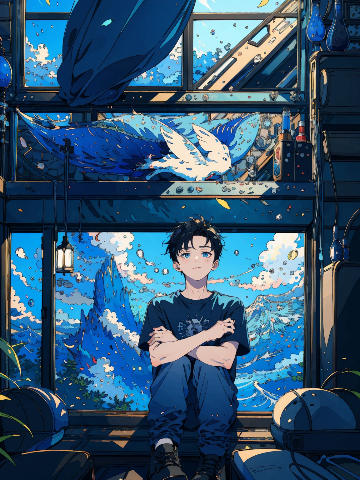 (masterpiece:1.2), best quality,PIXIV,fairy tale style, 18 years old, boy, black hair, blue eyes, indifferent, looking at the nearing dusk from the window, sitting inside of an classroom,


