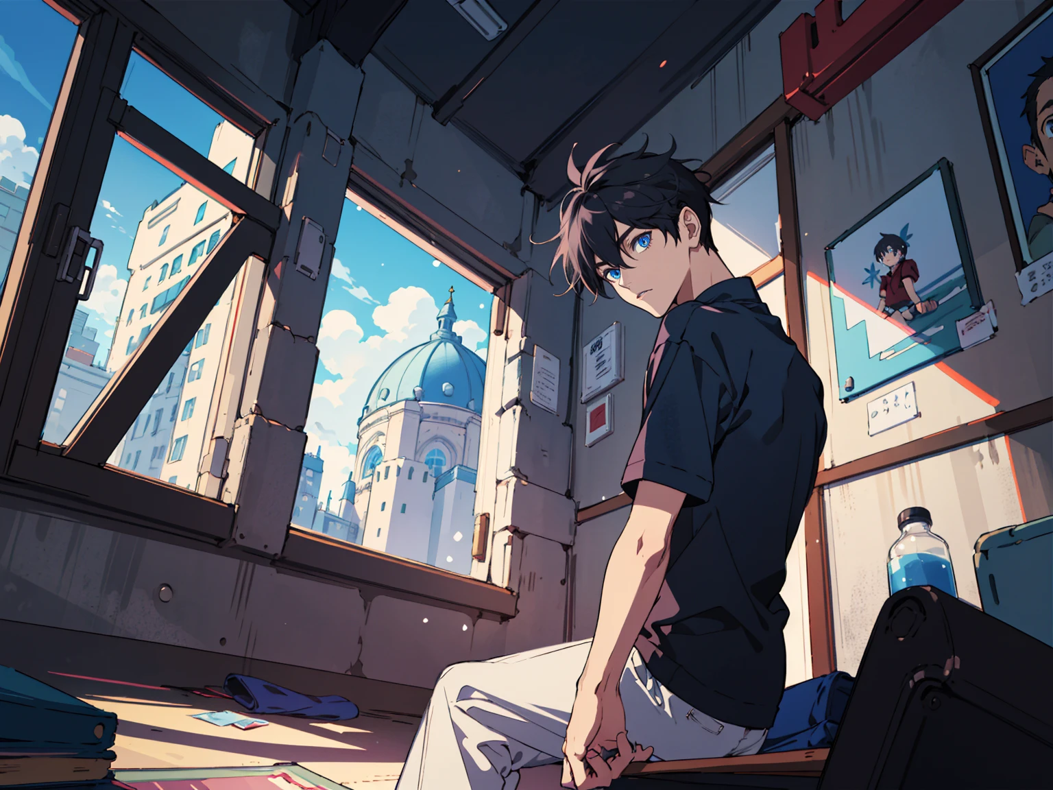 (masterpiece:1.2), best quality,PIXIV,fairy tale style, 18 years old, boy, black hair, blue eyes, indifferent, looking at the nearing dusk from the window, sitting inside of an classroom,


