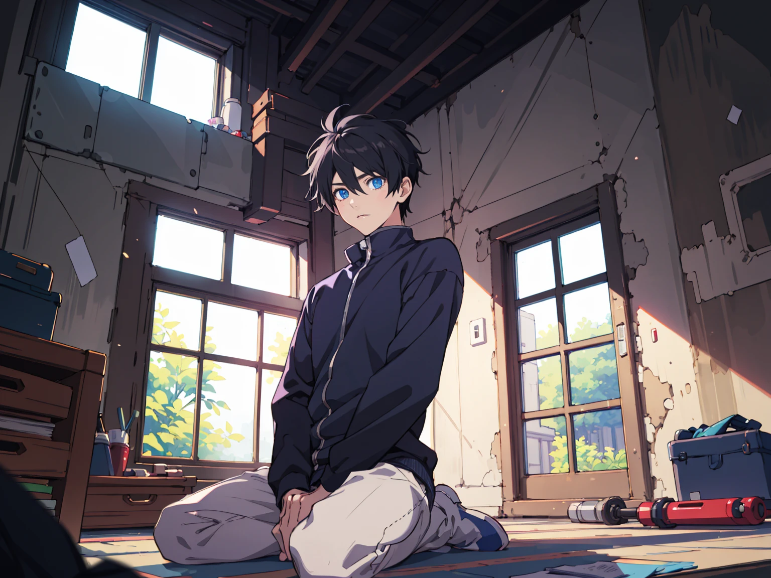 (masterpiece:1.2), best quality,PIXIV,fairy tale style, 18 years old, boy, black hair, blue eyes, indifferent, looking at the nearing dusk from the window, sitting inside of an classroom,


