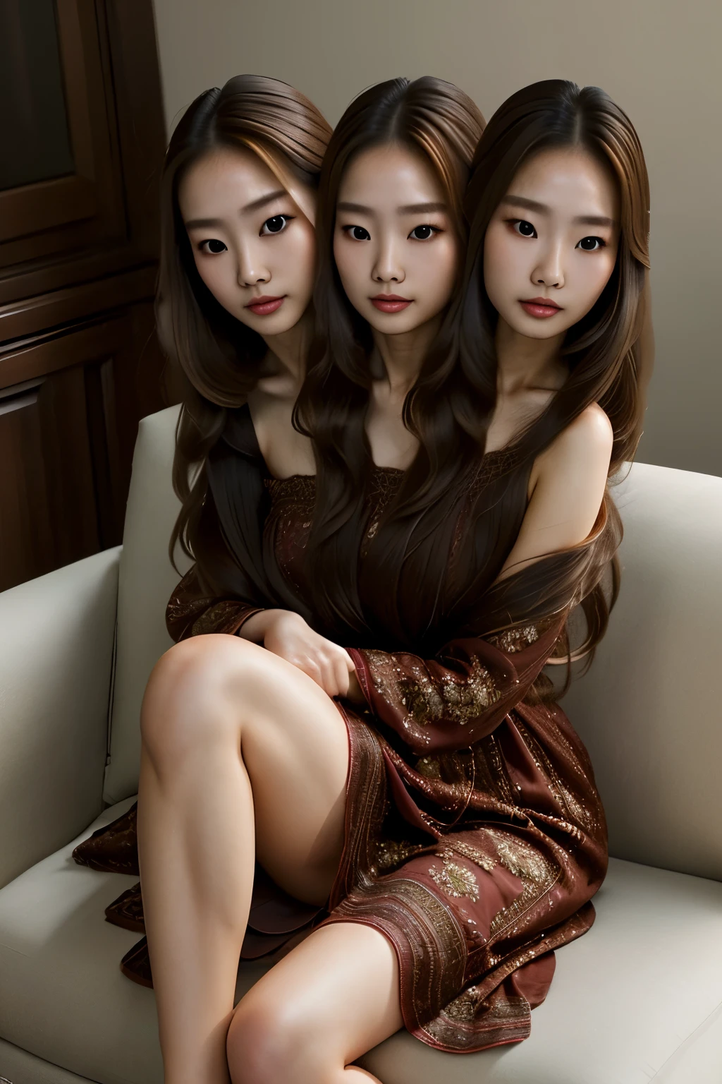 photo portrait of gorgeous asian woman wearing dress,  sitting on couch, long brown hair, long blonde hair, best quality,4k,8k,ultra hires, realistic, photo realistic, RAW photo, hdr, sharp focus, skin imperfections, masterpiece, hard light, athmospheric, conjoined_dicephalus,(two heads:1.5),