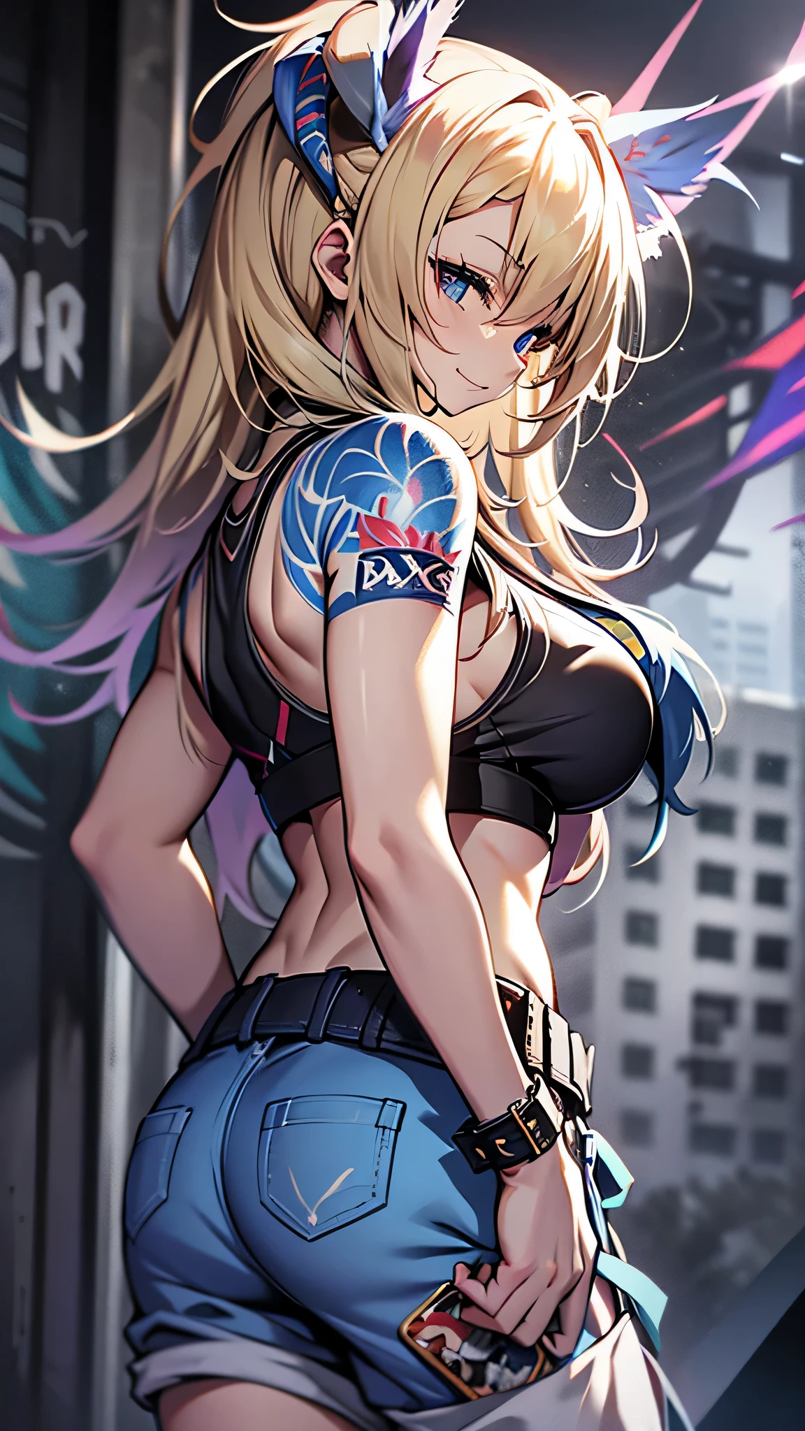 最high quality、best image quality、masterpiece、teenage girl((1、 By becoming、vest bust、medium bust,wide open breast tea、black eye, blonde hair、Habitual hair、long hair、thin,highest valley、navel black tank top、blue shorts、Holding a spray can、smug face、leaning forward、paint跡、black aloha shirt、Rear view、lots of accessories、wallに寄りかかる、sexy pose)),high quality、beautiful art、background((Bright city、wall、graffiti、paint、Hawaii、Waikiki))debris flies、Depth of written boundary、movie、visual art、perfect art、8K,genuine