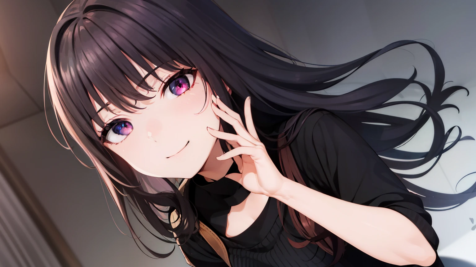 sakamoto_nahida, long hair, ahoge, black medium hair, faint purple eyes, medium breast, casual black outfit, smile, standing, BREAK looking at viewer, BREAK (masterpiece:1.2), best quality, high resolution, unity 8k wallpaper, (illustration:0.8), (beautiful detailed eyes:1.6), extremely detailed face, perfect lighting, extremely detailed CG, (perfect hands, perfect anatomy)