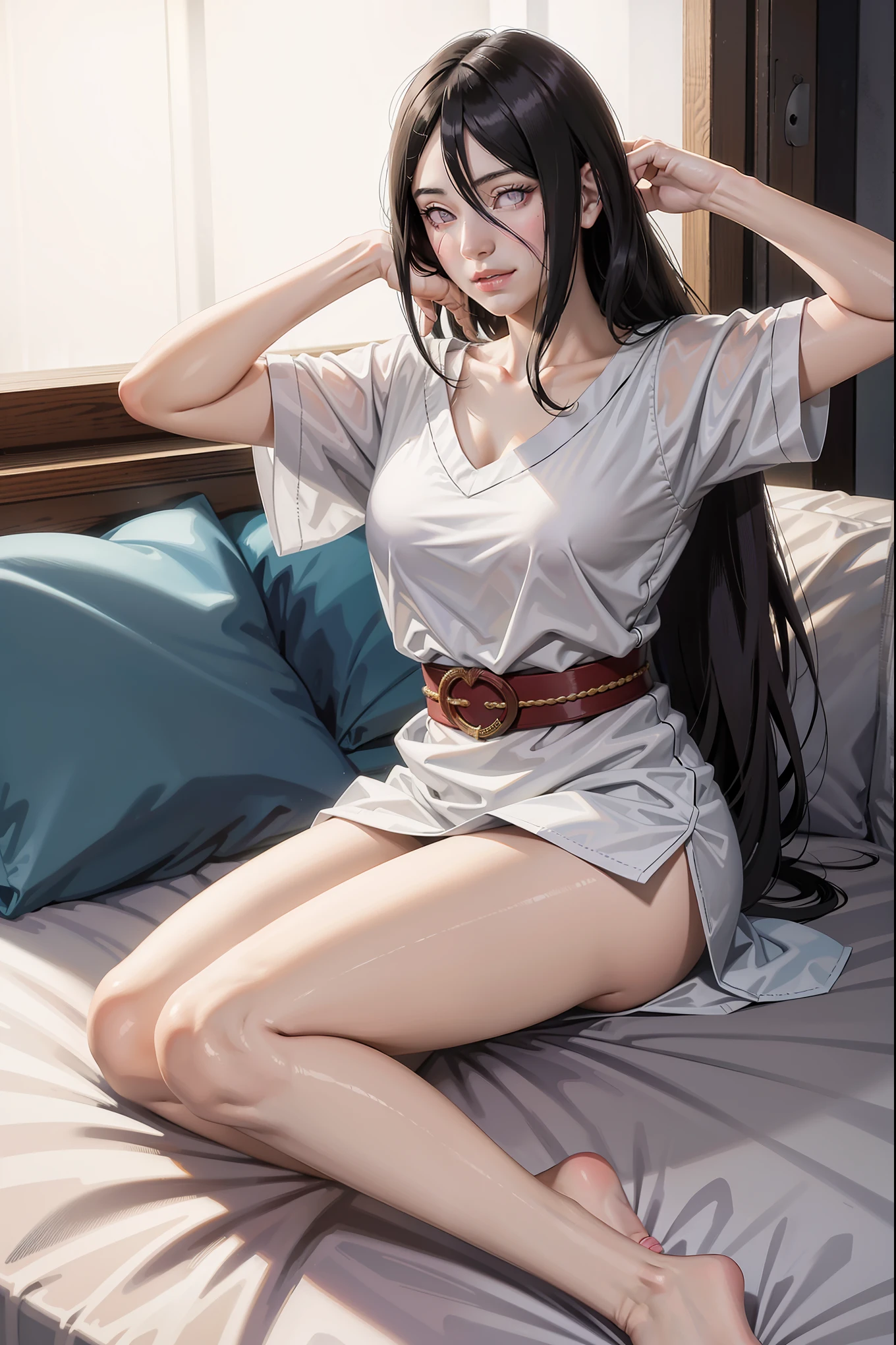 hyuuga trabalharbi, cabelo longo amarrado baixo, elástico de cabelo, trabalhar, olhos roxos, lindo, lindo woman, corpo perfeito, Seios perfeitos, vestindo uma grande camiseta vermelha, calcinha preta, in cama, camaroom, cama, sitting on the cama, olhando para o espectador, sorrindo levemente, Realismo, obra de arte, Pele texturizada, Super Detalhe, alto detalhe, alta qualidade, melhor qualidade, 1080p, 16k