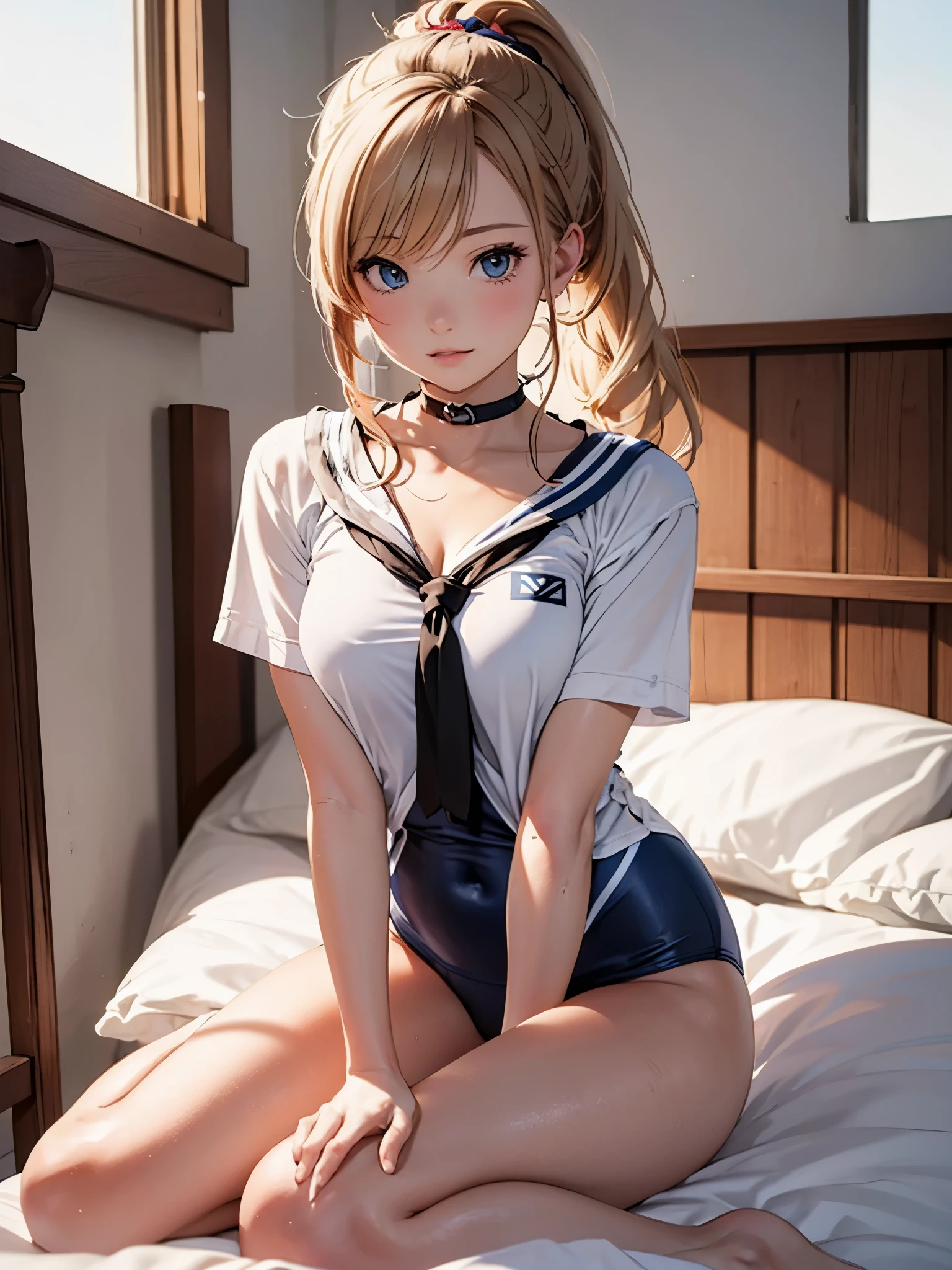 1 girl、school swimwear、Blue One Piece Swimsuit、Sailor suit only for the upper body、white shirt、summer clothes、Red Ribbon Tie、sit on the bed、open legs、Raise one knee、blonde beautiful girl、ponytail、green eyes