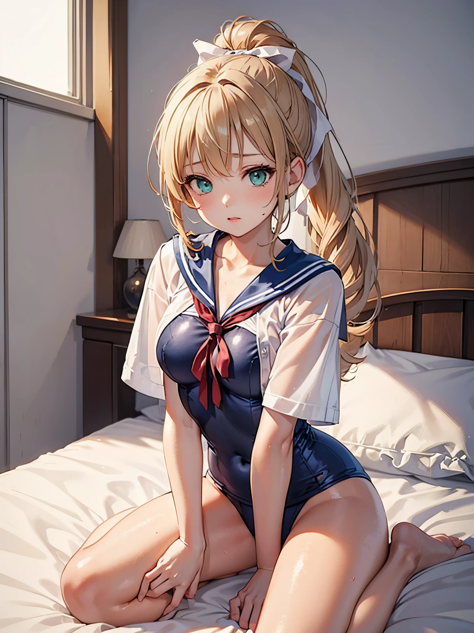 1 girl、school swimwear、Blue One Piece Swimsuit、Sailor suit only for the upper body、white shirt、summer clothes、Red Ribbon Tie、sit on the bed、open legs、Raise one knee、blonde beautiful girl、ponytail、green eyes