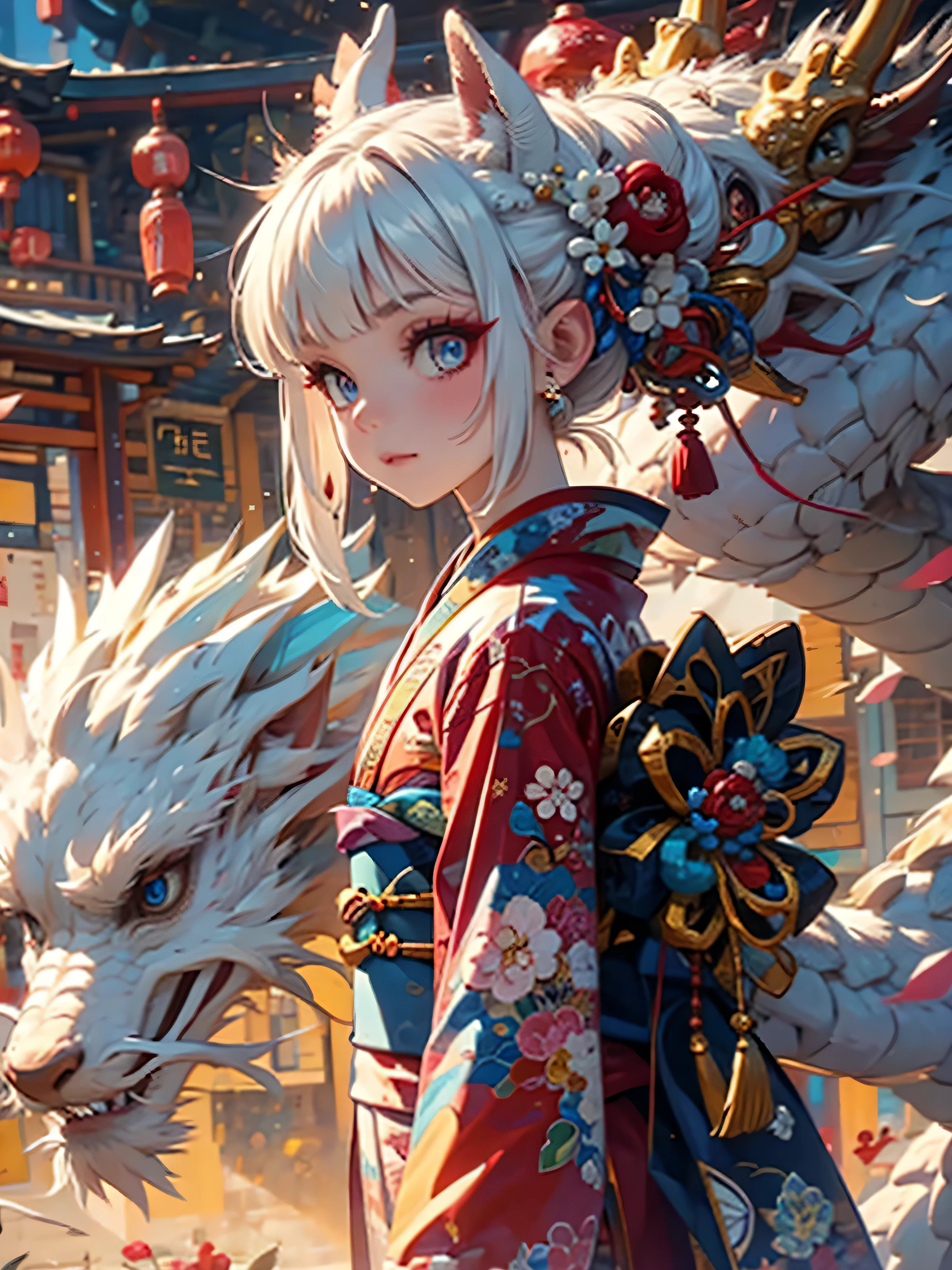 Anime girl with dragon headdress and red kimono - SeaArt AI