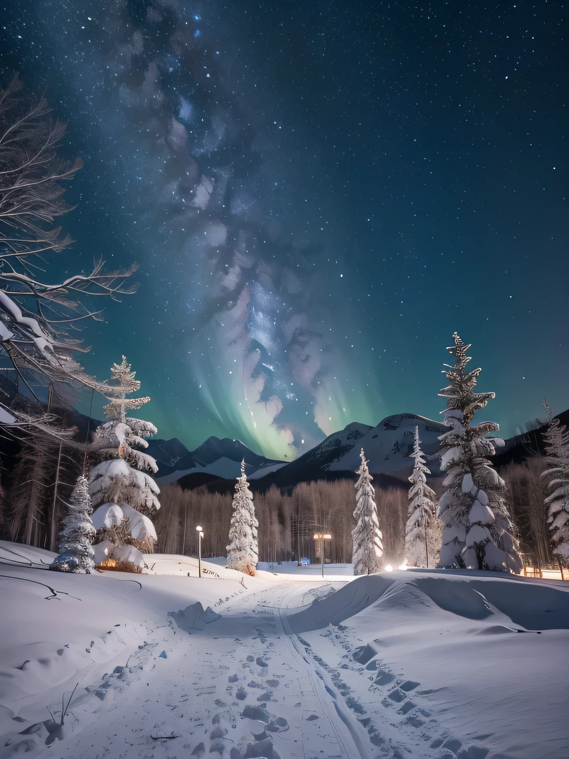 ((highest quality, 8k, masterpiece, photorealism, RAW photo, highest quality)), snow and ice covered trees against night galaxy sky, super nova in sky, nebula sky, sunny winter night starry, snowy trees, cannon snowy trees, winter snow, snow, pale as the first snow of winter, huge white tree in winter, snowy winter, winter in snow, branches reach the sky, snow falls on trees and ground, seen from below, Cold snow, ultra-realistic, high definitionRealism, realistic photos, professional color correction, shot with Canon EOS 5D Mark IV  , galaxy and aurora visible in the sky, nebula sky