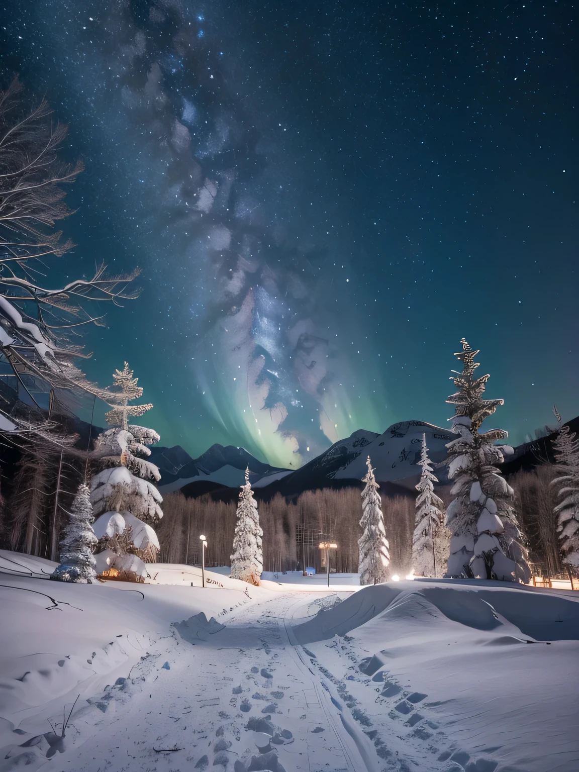 ((最好的质量, 8千, 杰作, 照相写实主义, RAW 照片, 最好的质量)), 雪 and ice covered trees against night galaxy sky, 天空中的超新星, 星云天空, 阳光灿烂的冬夜繁星点点, 雪y trees, cannon 雪y trees, winter 雪, 雪, pale as the first 雪 of winter, 冬天巨大的白色树木, 雪y winter, winter in 雪, 树枝伸向天空, 雪 falls on trees and ground, 从下面看, Cold 雪, 超逼真, 高清真实感, 逼真的照片, 专业色彩校正, 使用佳能 EOS 5D Mark IV 拍摄  , 天空中可见的星系和极光, 星云天空