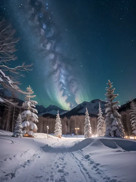 ((highest quality, 8k, masterpiece, photorealism, RAW photo, highest quality)), snow and ice covered trees against night galaxy ...