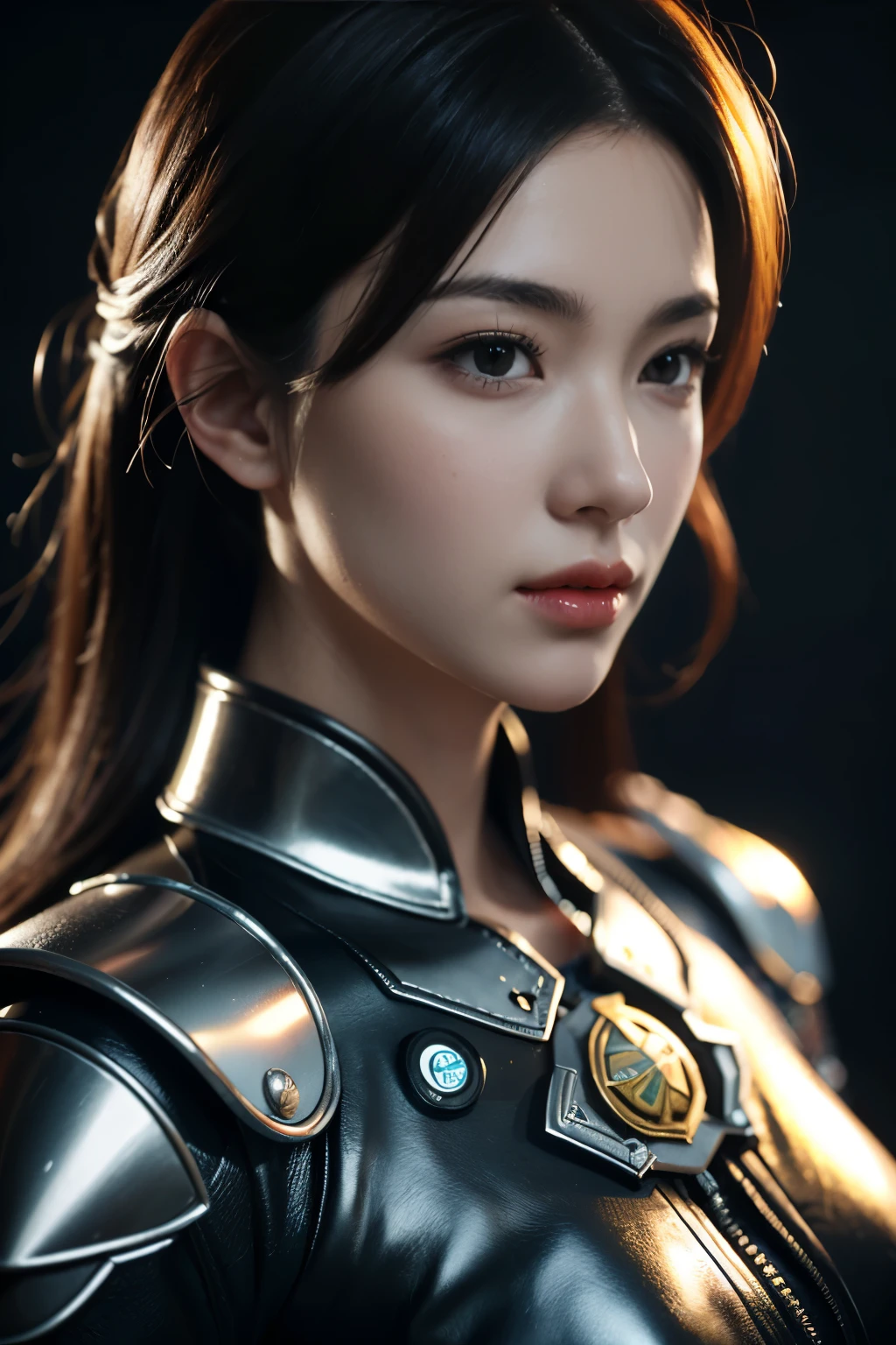 Game art，The best picture quality，Highest resolution，8K，(A bust photograph)，(Portrait)，(Head close-up:1.5)，(Rule of thirds)，Unreal Engine 5 rendering works， (The Girl of the Future)，(Female Warrior)， 
20-year-old girl，An eye rich in detail，(Big breasts)，Elegant and noble，indifferent，brave，
（A futuristic combat suit with medieval style，A beautifully patterned badge，Joint Armor，Extremely rich detail of armor，Mysterious light），Sci-fi characters，Warrior，

Photo poses，Simple background，Movie lights，Ray tracing，Game CG，((3D Unreal Engine))，oc rendering reflection pattern