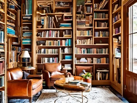 beautifully arranged, bookshelves, cozy reading nook, natural light, vintage books, leather-bound classics, vibrant covers, creative titles, bookworm's paradise