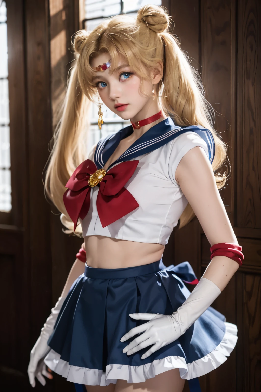 Obra de arte, melhor qualidade, Sailor Moon,1 garota, cabelo longo,joia, uniforme de marinheiro senshi, gola de marinheiro azul,cabelo loiro, gargantilha vermelha,luvas brancas, twintails, laço vermelho, saia azul, olhos azuis, coque de cabelo,