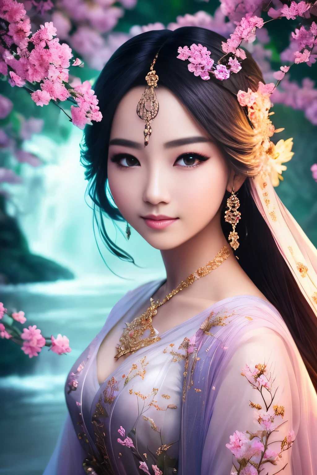 Absolute beauty, Jade Beauty, Face of the Goddess, Heroine Xianxia, Lots of silk, (Best Quality,4k,8K,hight resolution,Masterpiece:1.2),Ultra-detailed,(Realistic,Photorealistic,photo-realistic:1.37), HDR, UHD, studio lightning, ultra-fine painting, sharp-focus, physical based rendering, extreme detail description, Professional, Vivid colors, bokeh, portrai, landscape, Horror, the anime, Sci-Fi, photografic, Concept Artists, bright colours, soft pastels, Gentle light, ethereal ambiance, Tranquil environment, flowing water, blooming flowers, Intricate Patterns, intricate hairstyle, Delicate jewelry, flowing clothes, Elegant posture, serene expression, radiant & Glowy skin, Long and delicate limbs, Mesmerizing eyes, gentle smile, fine makeup, Enchanting background, Mystical creatures, Dynamic action, Supernatural forces, Dazzling Effects.