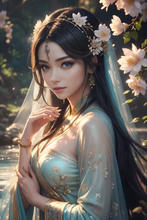 Absolute beauty, Jade Beauty, Face of the Goddess, Heroine Xianxia, Lots of silk, (Best Quality,4k,8K,hight resolution,Masterpie...