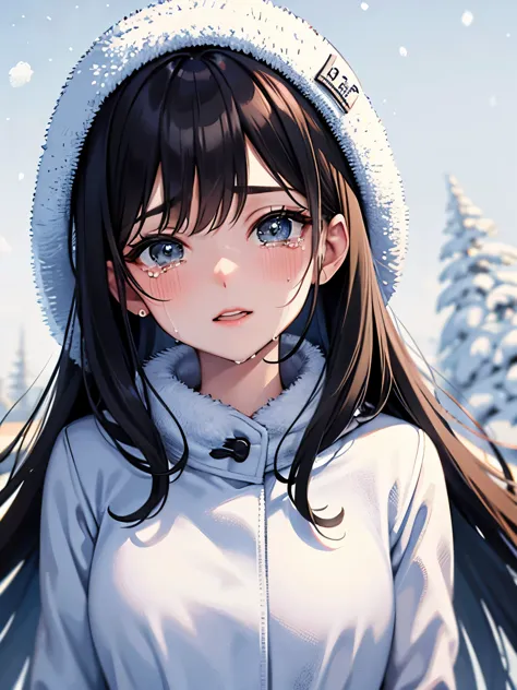 girl,((Are crying)),((Pien:1.3)),(close up of face),((snow scene)),((Winter clothes))
