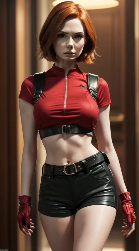 photorealistic karen gillan, beautiful woman very short hair red, sexy pose, sexy figure, (large breasts:1.3), (pokies), (croppe...