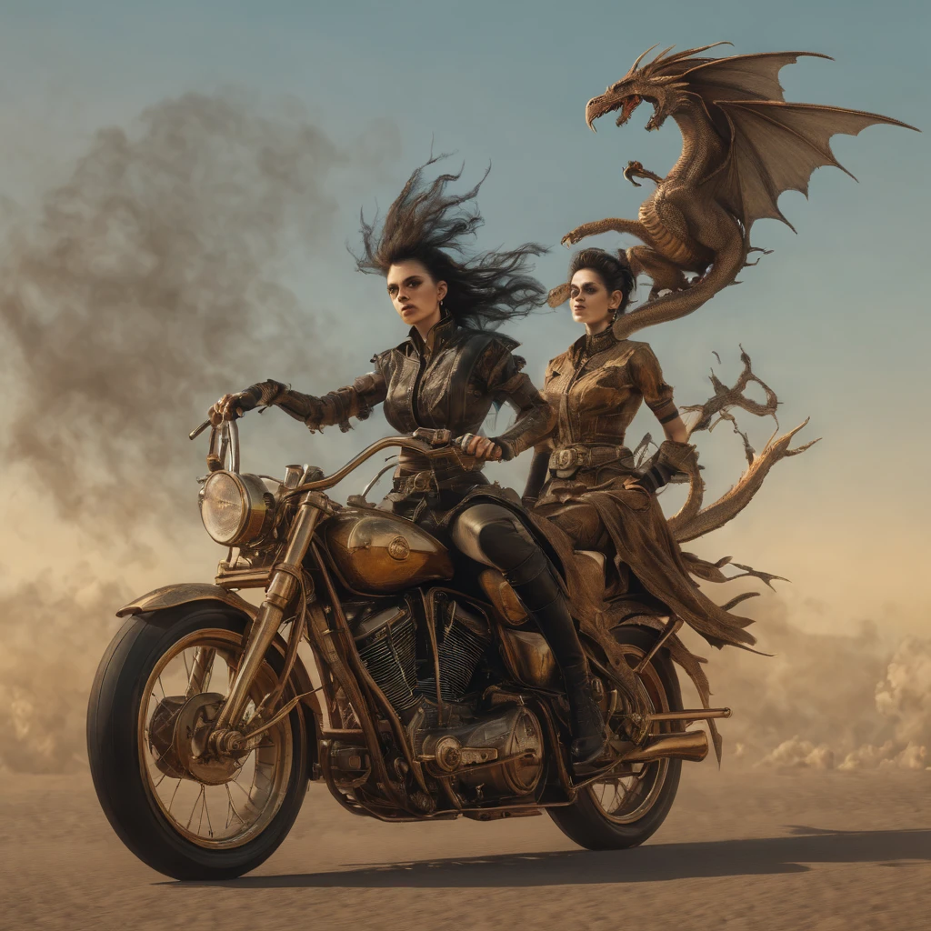 Fantasy. Gerald Brom art, . Three beautiful biker Witches flying on broom bikes (motorcycles have broom wheels instead of wheels) fly through the sky. They fly on brooms, they fly on broom bikes,. A dragon is chasing them. beautiful faces. Art station. 32k. Dramatic light, lots of details. Digital concept art. blended with hyperrealism, highly detailed, Golden Ratio. UHD drawing, artstation, cinematic, perfect composition, 32k, art photography, photorealistic concept art, Dramatic light. Genius. perfect composition,half profile, beautifully detailed, insanely detailed octane render trending, sharp focus, studio photo aesthetic, intricate details, highly detailed, in the style of Greg Rutkowski