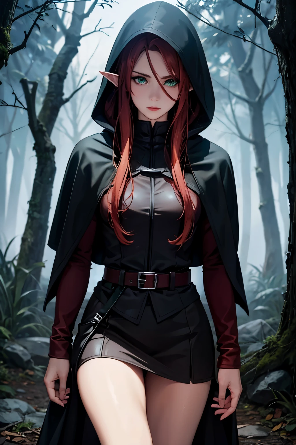 (Best quality,a high resolution),(Realistic:1.37)elf with red hair, long ears, redhead, square haircut, reaching the right eye, green eyes, forest tattoo on face, black thief&#39;s cape with hood, holding a sai in his right hand, full body figure, black boots, in a dark fantasy atmosphere, Fantasy character