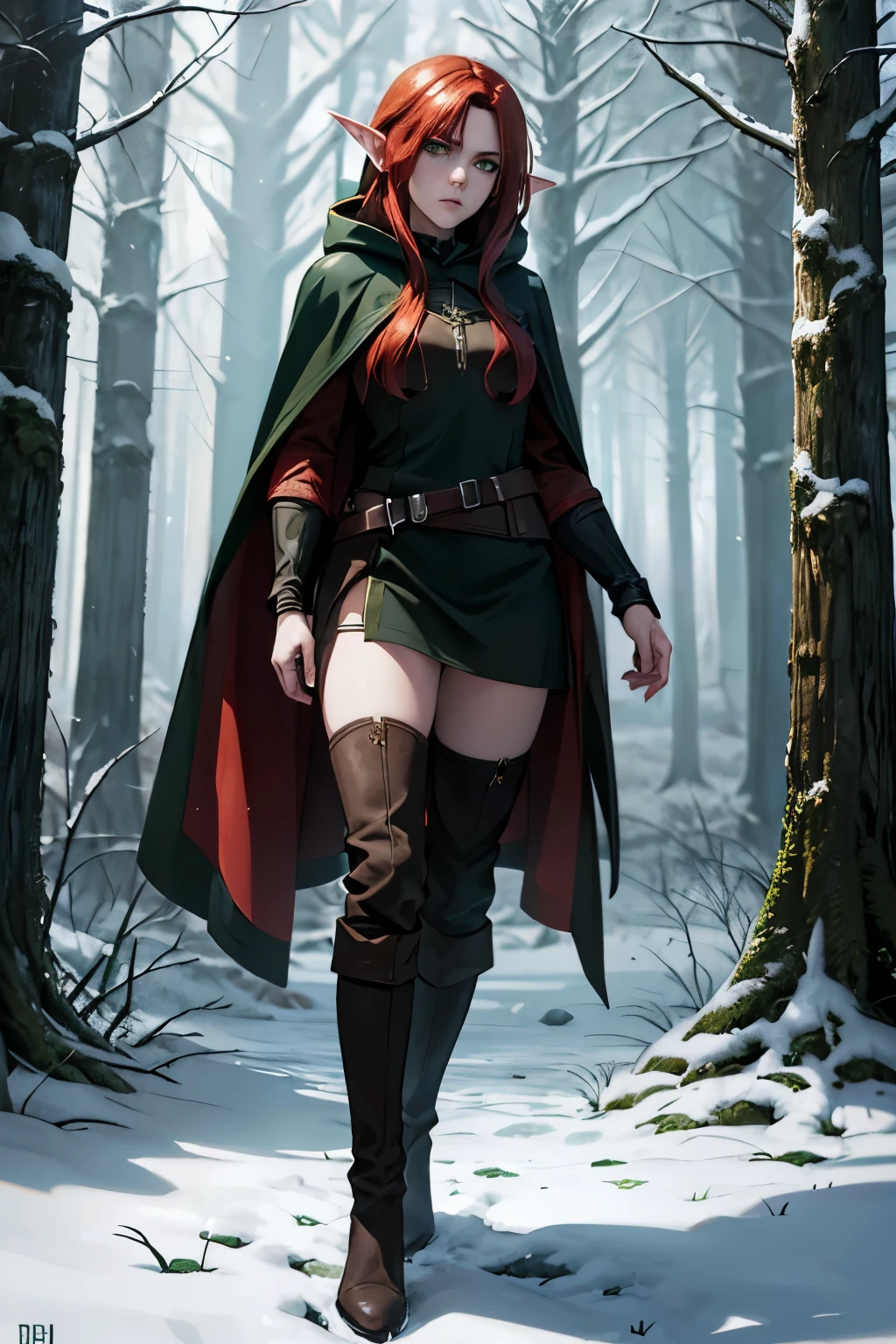 (Best quality,a high resolution),(Realistic:1.37)elf with red hair, long ears, redhead, square haircut, reaching the right eye, green eyes, forest tattoo on face, black thief&#39;s cape with hood, holding a sai in his right hand, full body figure, black boots, in a dark fantasy atmosphere, Fantasy character