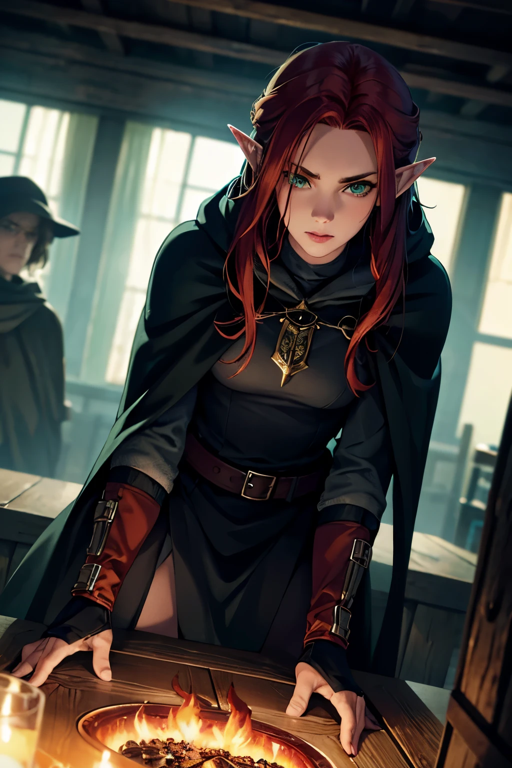 (Best quality,a high resolution),(Realistic:1.37)elf with red hair, long ears, redhead, square haircut, reaching the right eye, green eyes, forest tattoo on face, black thief&#39;s cape with hood, holding a sai in his right hand, full body figure, black boots, in a dark fantasy atmosphere, Fantasy character