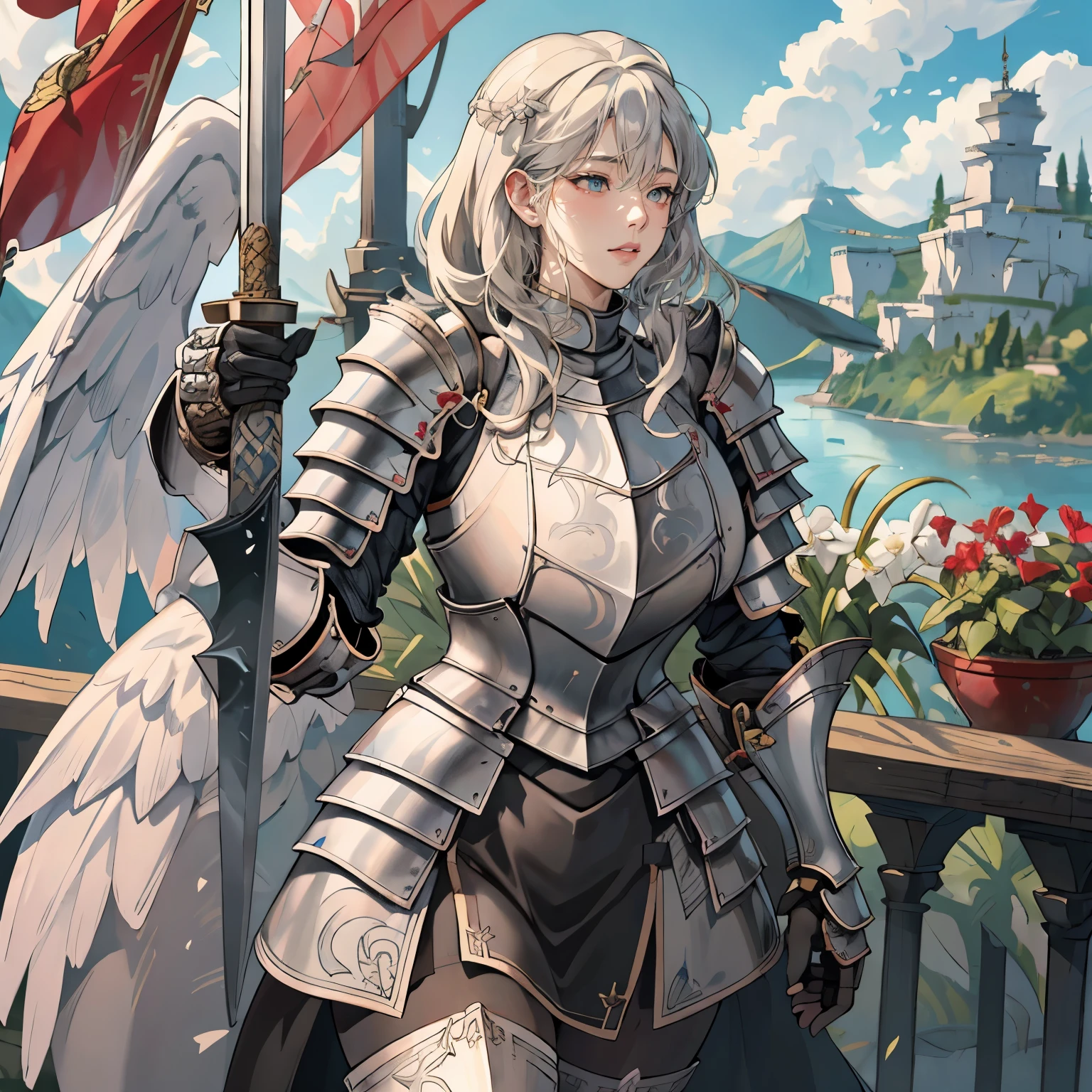 woman in her 20s、1 person、Angelic、large white wings on the back、Has 6 wings、Swan wings、With a round face、Round jaws、Close-up of a woman in armor holding a sword, Armor girl, female knight, big and full breasts、full armor, full armor, gorgeous female paladin, female knight, of a Beautiful female knight, Beautiful armor, Plump、thick waist、wide waist、full armor, armor、Gorgeous full-body armor, Amazing armor, Trending with Art Station Pixiv, Beautiful female knight、holding a greatsword、Great Sword of Steel、happy look、looking here、Look at me、Lakeside、White battle flags are lined up、A large army in the distance behind、Forest and mountains in the background、Black string、black pattern