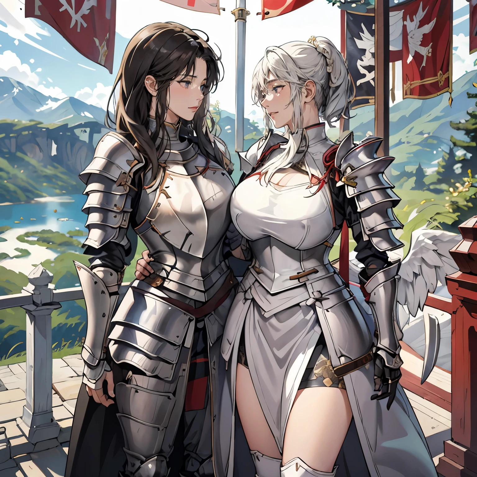 woman in her 20s、1 person、Angelic、large white wings on the back、Has 6 wings、Swan wings、With a round face、Round jaws、Close-up of a woman in armor holding a sword, Armor girl, female knight, big and full breasts、full armor, full armor, gorgeous female paladin, female knight, of a Beautiful female knight, Beautiful armor, Plump、thick waist、wide waist、full armor, armor、Gorgeous full-body armor, Amazing armor, Trending with Art Station Pixiv, Beautiful female knight、holding a greatsword、Great Sword of Steel、happy look、looking here、look at me、Lakeside、White battle flags are lined up、A large army in the distance behind、Forest and mountains in the background、Black string、black pattern