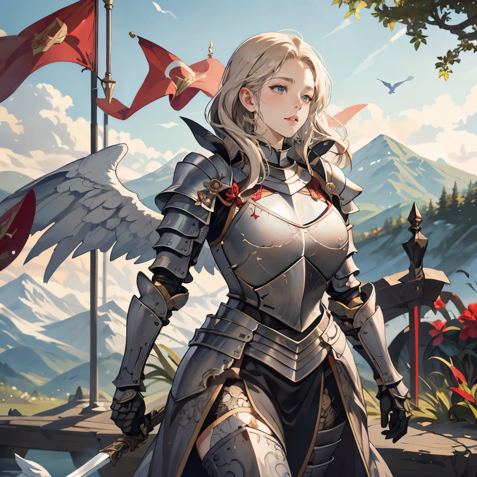 woman in her 20s、1 person、Angelic、large white wings on the back、Has 6 wings、Swan wings、With a round face、Round jaws、Close-up of a woman in armor holding a sword, Armor girl, female knight, big and full breasts、full armor, full armor, gorgeous female paladin, female knight, of a Beautiful female knight, Beautiful armor, Plump、thick waist、wide waist、full armor, armor、Gorgeous full-body armor, Amazing armor, Trending with Art Station Pixiv, Beautiful female knight、holding a greatsword、Great Sword of Steel、happy look、looking here、look at me、Lakeside、White battle flags are lined up、A large army in the distance behind、Forest and mountains in the background、Black string、black pattern