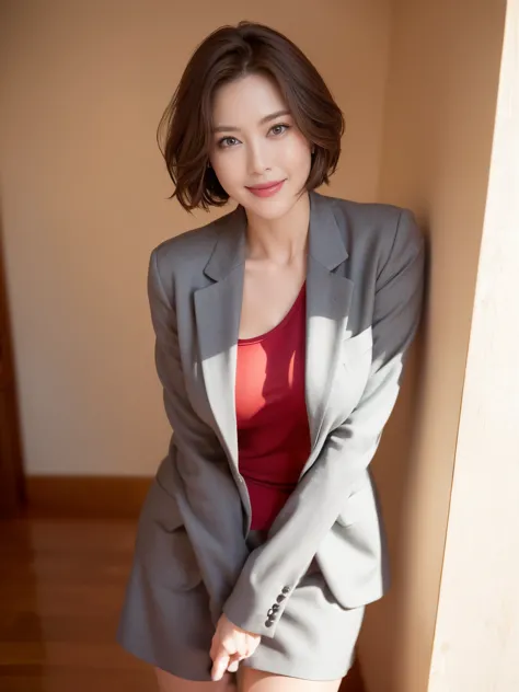 masterpiece,highest quality, (1 milf、42 years old), ((close:0.5)), ((cross arms)), glare, gray blazer, white shirt, double eyelid, eyelash, lip gloss, (smile:1), ((close your eyes:0.85)), ((looking at the viewer、The whole body is shown、Are standing)), born...