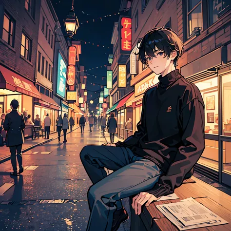 ((masterpiece, best quality)) man, young man, man black hair, black eyes, black sweater, photo in the city at night, anime portr...