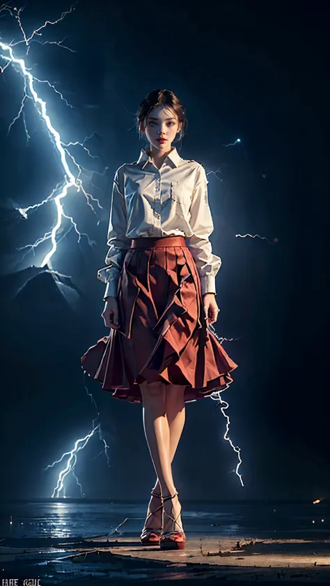(((red long skirt:1.2))),tomboy,floating,powers,lightning powers,lightning around her,she thor,(white long sleeves shirt),(feet ...