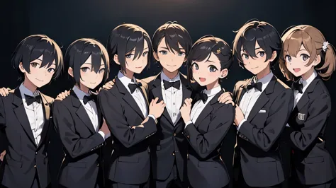 five men, black hair, wearing matching idol uniforms, group photo, very detailed 