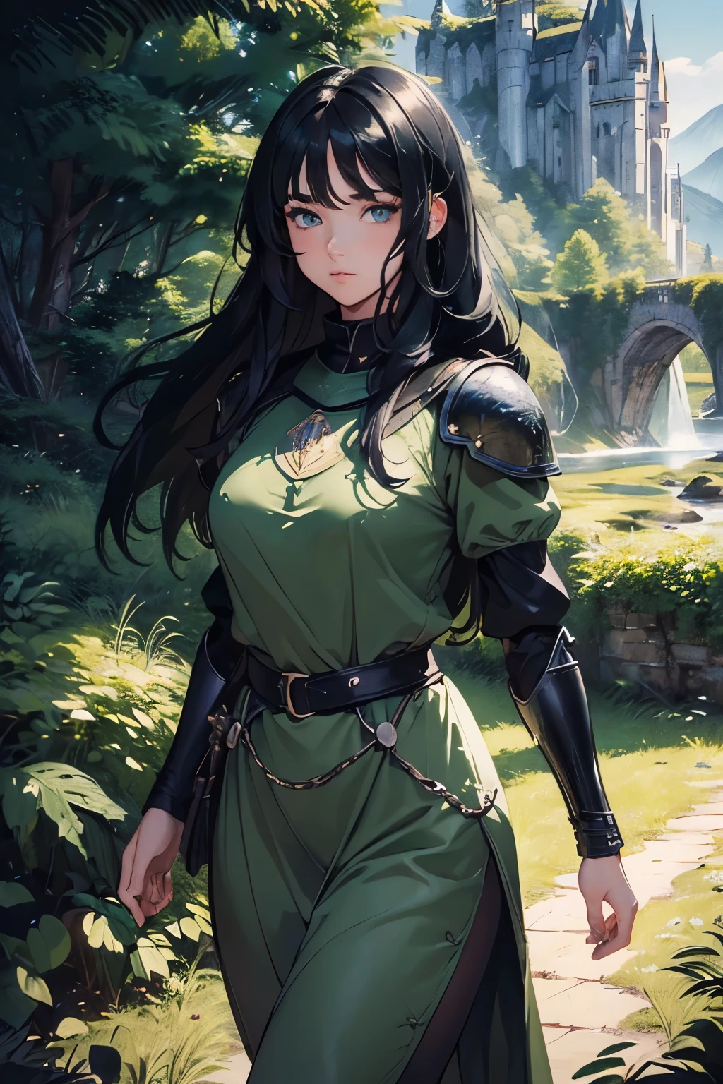 (((masterpiece))), (((best quality))), ((ultra-detailed)), (cinematic lighting), (illustration), (beautiful detailed eyes), (1girl), full body, space, knight, armour, light hair, walking, castle in distance, best quality, expressive eyes, perfect face, Girl: (20s, black hair, long hair, dark green baggy shirt, armour),
