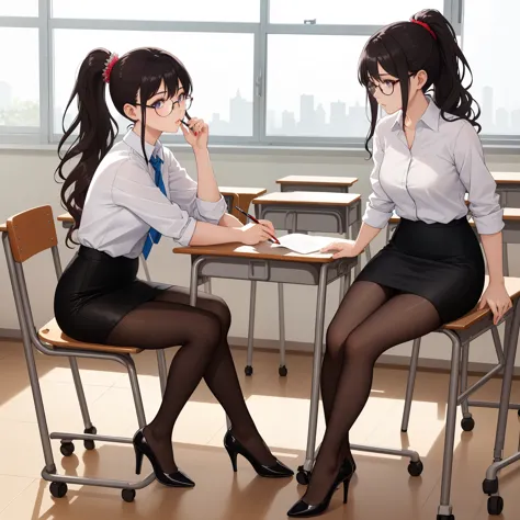 ((best quality)), ((masterpiece)), (detailed), (classroom), sitting, thin, cute, sidebangs, pencil skirt, pantyhose, (wavy_ponyt...