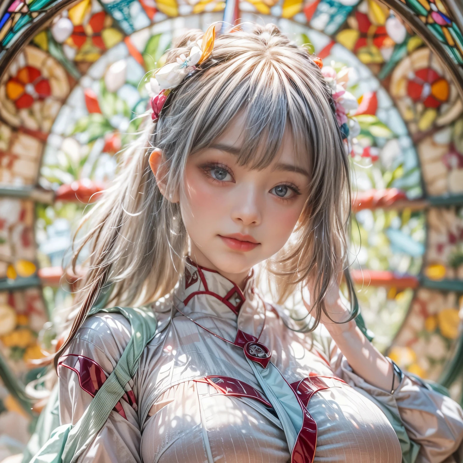 KAWAII girl in ((WHITE)) (loose opened uniform), with Glossy RED lips, (Exposed:0.9), (nipple:-1), { Extremely closeup | Dynamic-angle }, ((Dazzling stained glass Background)), (( colorful Light pours down from stunning elaborate stained glass:1.2)), vivid Red colors . ((Acutance:0.8, physically-based 3D rendering with Volumetric lighting)), (masterpiece:1.2), (ultra-detailed:1.35), (realistic, photorealistic, ((photo-realistic:1.37))with touch of rawness) . ((Renbutsu Misako)), (Extremely detailed KAWAII face variations, with Dynamic expressions),  detailed eyes with sparkling highlights, captivating gaze, long eyelashes, subtle blush on the face, rosy cheeks, impeccable ivory skin texture . { full of flowers covering girl's body | Mystic sight | God rays | haze | Light Particle | Luminous Particle | Lens Flare | A Halo in the air | Overflowing underboob | Button Undoned } . (((Unaligned fingers:-0.9))) .