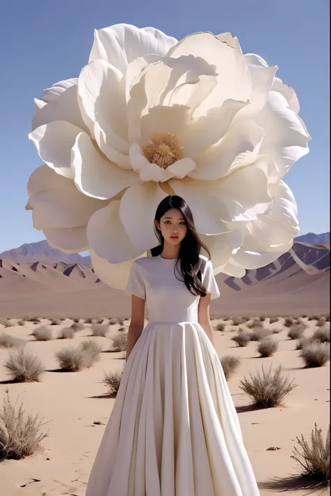 1 girl, dress, single person, white dress, black hair, flowers, arms on both sides, looking at the audience, blue sky, standing,...