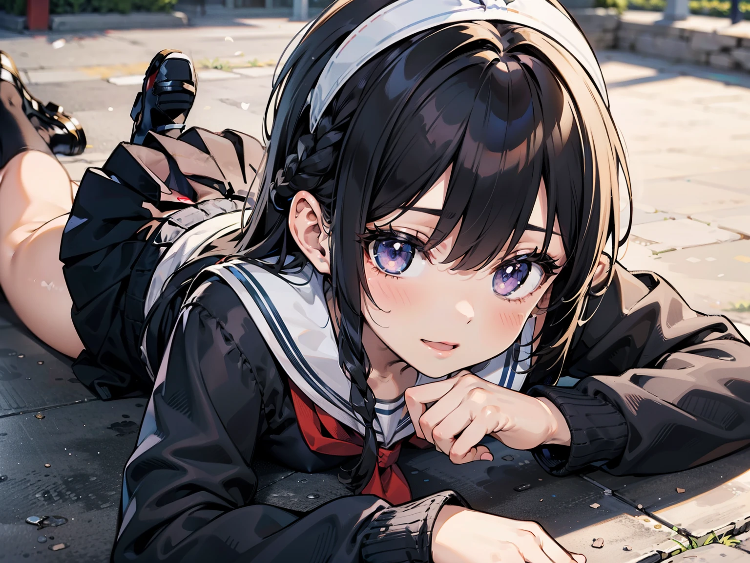 8k, highest quality, masterpiece, Super detailed, ultra high resolution, realistic, RAW photo, absolute resolution, small face compared to body, very small face, black hair, High school girl wearing a navy sailor suit, Anime 2D rendering, realistic young anime school girl, ((White headband)), purple eyes, small breasts, tall, slanted eyes, (school scenery), black stockings, bright color, open your mouth, Dark blue skirt,  braid hair, Bangs Patsun, position looking down from above, lie on your stomach, play with kitten on the ground, smile, 