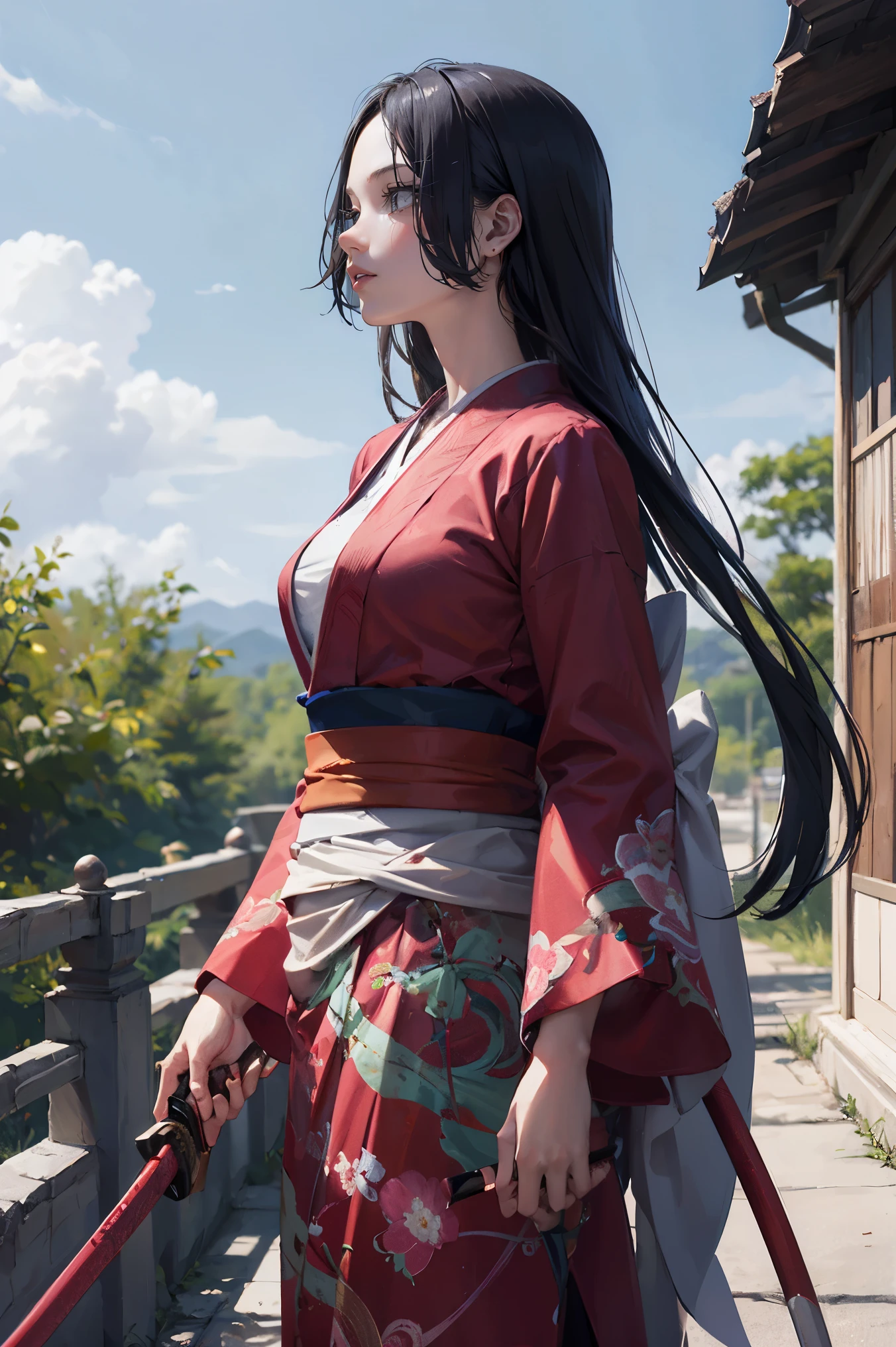 masterpiece, Best Quality, absurderes, Perfect Anatomy, Unity 8k Wallpapers,best anime,shoot from front,cowboy shot,20 year old beauty、boa hancock,black hair,long hair, ,slender body,large breasts,Turn your body to the viewer、waitress,Japanese clothing、hakama、holding a Japanese sword、A Japanese sword drawn with precision and accuracy、Ready to fight with a sword、outdoor、wilderness、