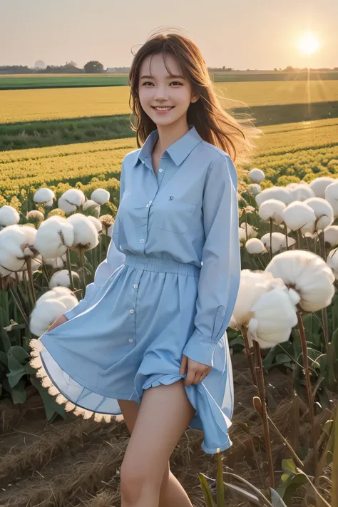 (zh-CN) Farmland, morning dew, Wheat field in the sun, Leisurely blooming dandelion, (1 girl), big smile under the bright sun, wear light cotton clothes, blue shirt, Kind and natural.