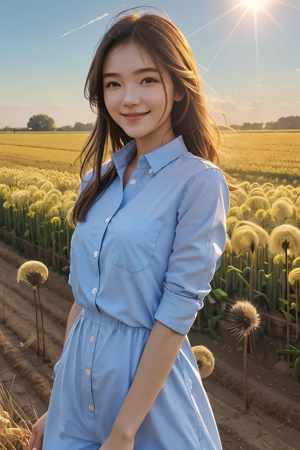 (zh-CN) Farmland, morning dew, Wheat field in the sun, Leisurely blooming dandelion, (1 girl), big smile under the bright sun, wear light cotton clothes, blue shirt, Kind and natural.