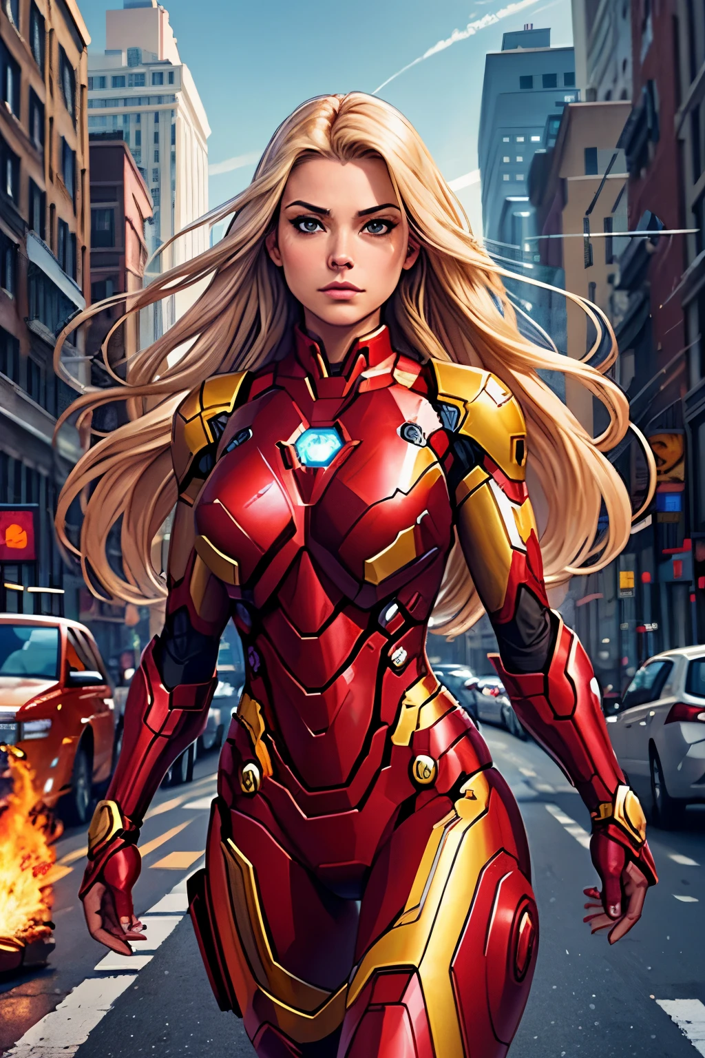 Full view, full body, a blond woman, in the yellow and red armor of Iron Man, in the street of New York, charging into battle against a horde of alien invaders in the sky, fire, guns, body visible from head to toe, emphasis on extreme details (skin pores, fabric texture, subtleties of clothing). shiny with silver light, fine face and nose, fine mouth, analog style, skin texture, film grain, Ultra High Resolution, best shadow, RAW, high detailed face, high detailed skin, high detail face, beautiful face, natural skin texture, no reflection, see the grain of its skin, high detailed face, high detailed skin, Fujifilm XT3, realistic photography, perfect face.