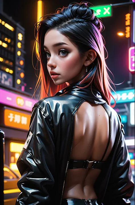 garota de costas, sem camisa, vibrant colors hair, looking behind, dragon tattoo on the back, imagem estilo cyberpunk, luzes neo...