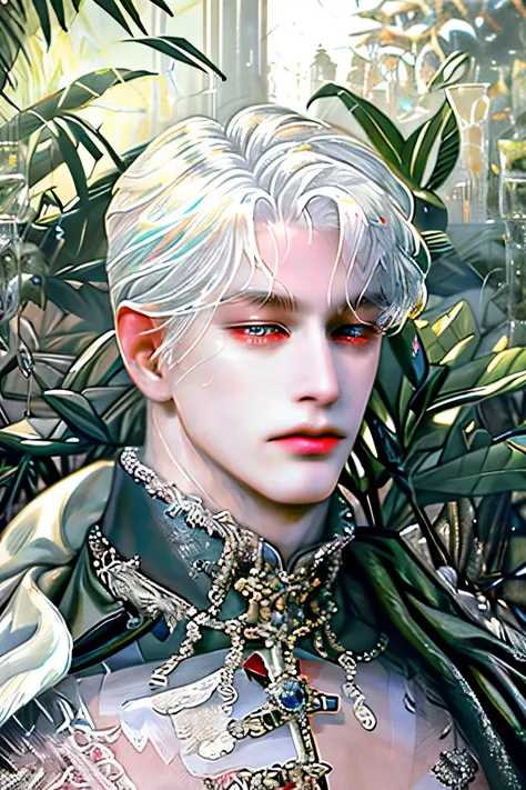highres, ultra detailed), 2male, pale, solo, mature, (white hair), duke, pretty, really beautiful, long sleeve, elegant, holy, c...