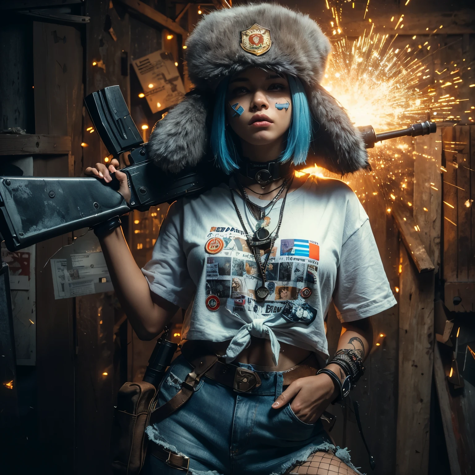 photographie hyper réaliste, image taquine, mystérieux rétroéclairage visage ombre de personnage fictif: une fille caucasienne énervée avec un pansement sur ses joues, cheveux bleus coupés à la mode, porter un chapeau en fourrure russe avec patch & badge, cool expression bizarre, porter un t-shirt blanc mouillé avec des photos de cibles, montrant une grosse poitrine & Mamelons transparents, porter des jeans et des pantalons courts & bas en filet, porter des bottes militaires, pose sympa et tient un bazooka détaillé, fond rustique, Des étincelles, humeur dystopique, détail et corps anatomique parfait, main & des doigts, Texture détaillée & conception d&#39;arme - style brut --v 6.0