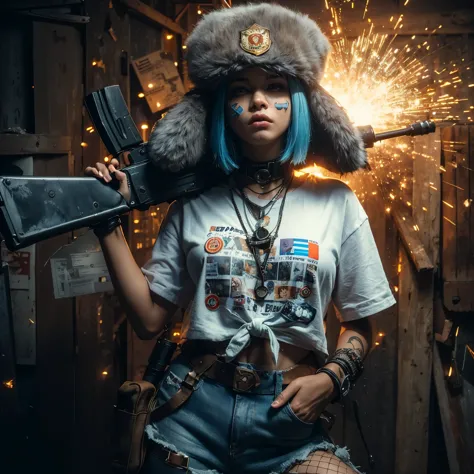 hyper realistic photography, teasing image, mysterious backlight face shade of fictional character: an edgy caucasian girl with band aid on her cheeks, buzz cut blue hair, wear russian furry hat with patch & badge, cool weird expression, wear wet white t-s...