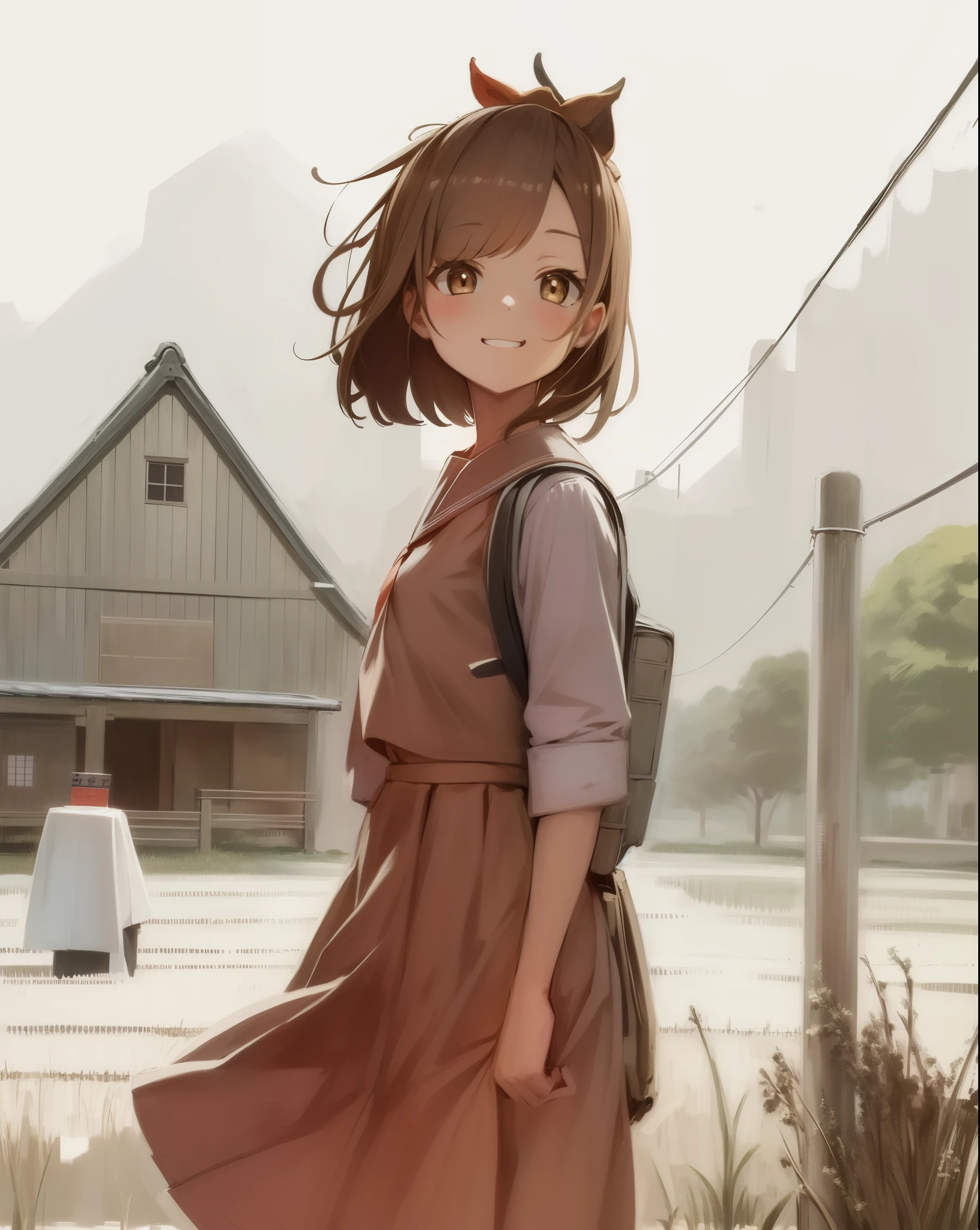 1girl, brown hair, brown eyes, bangs pinned back, serafuku, school uniform, backpack, dirt path, smug,
outdoors, japanese countryside, rice paddy,

 