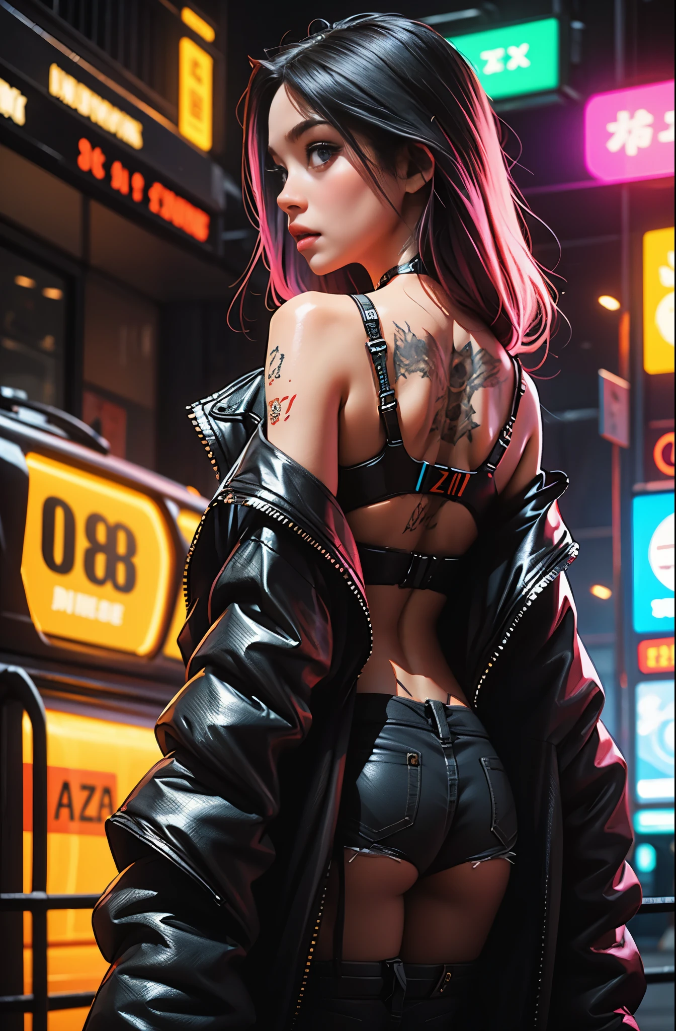 garota de costas, sem camisa, cabelos com cores vibrantes, Olhando para trás, Tatuagem de dragão nas costas, imagem estilo cyberpunk, luzes neon, alta qualidade, ultra 8k