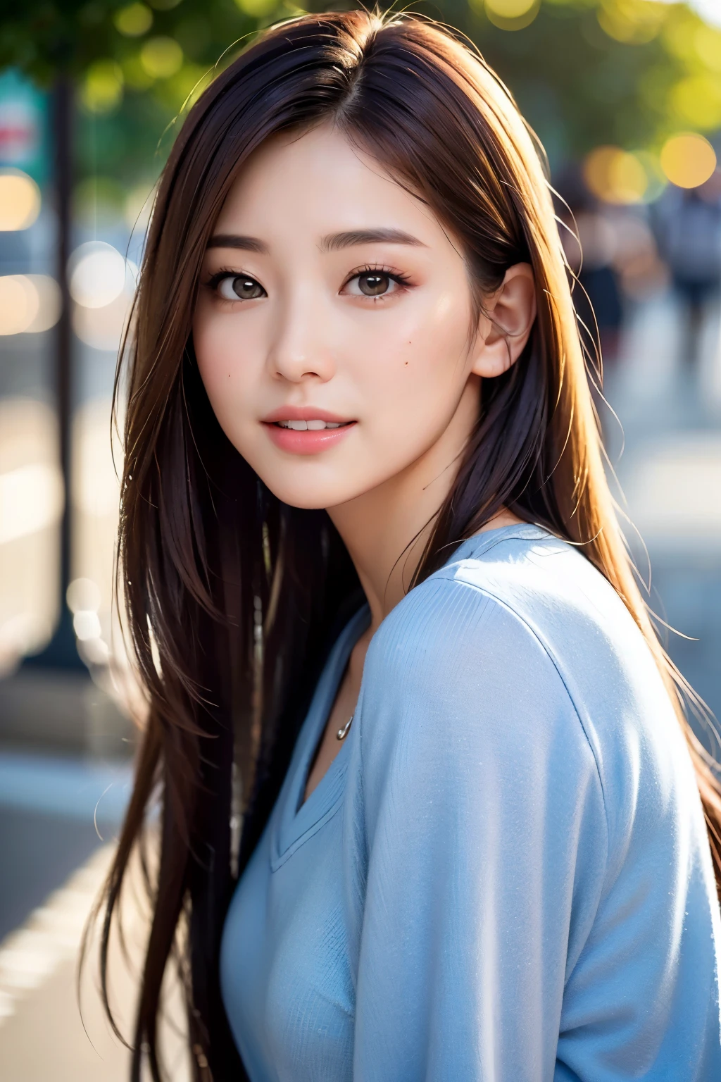 (8k, Best Quality, Masterpiece:1.2), (Realistic, Photorealistic:1.37), Ultra Detail, 1 Girl,Cute,Solo, Portrait, street photography, natural light, bokeh, Chinese beauty, long silky hair, chic and comfortable, casual clothing, Beautiful Detailed Sky,Date,(Blush),(Smile:1.15),Beautiful Detailed Eyes,(Long Hair: 1.2),Floating Hair NovaFrogStyle