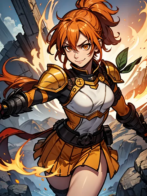 female warrior，orange hair，flame，Outgoing，stand，ponytail，short skirt，armor，Smile