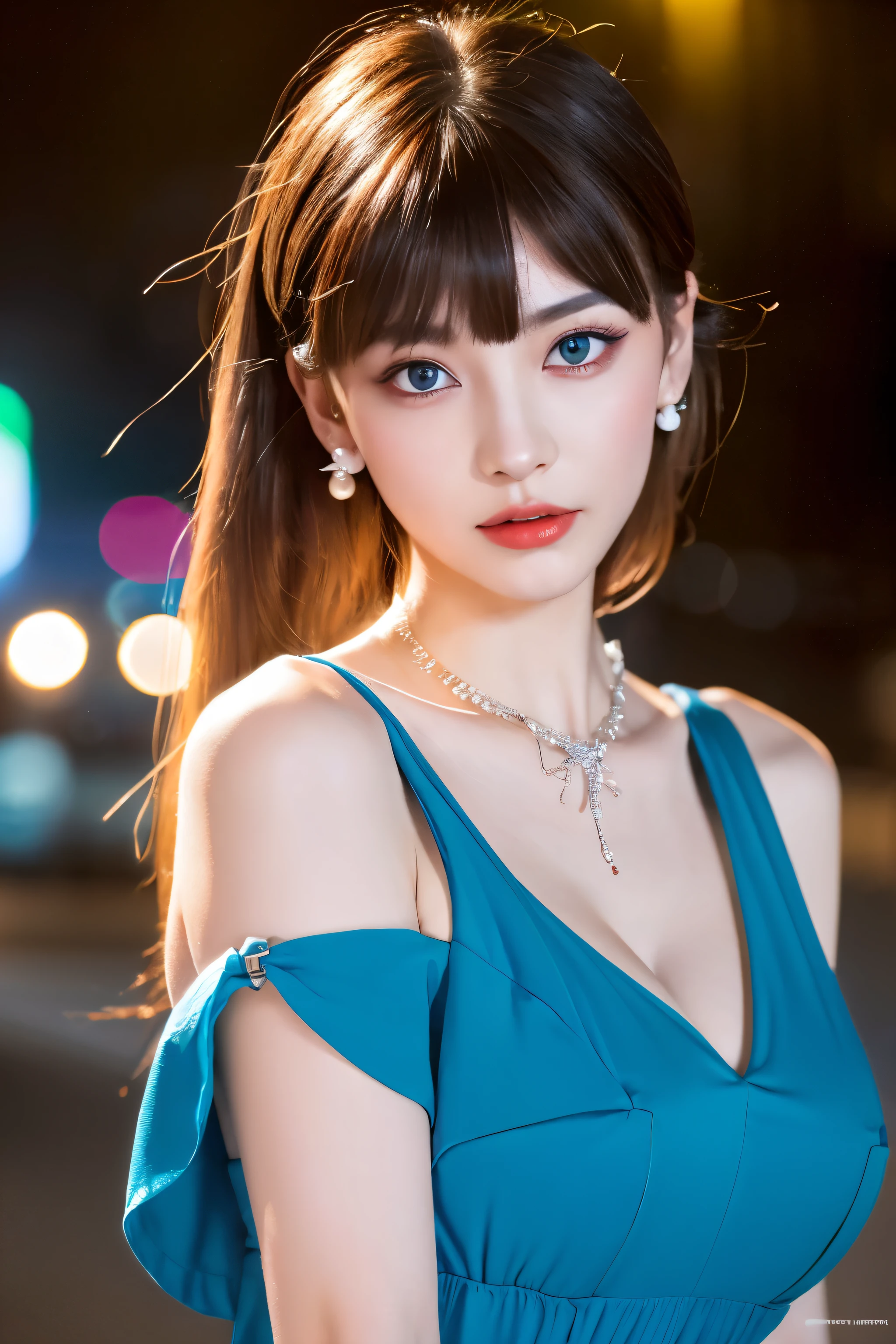 night time,  (An extremely delicate and beautiful work), (masterpiece), 1 girl, streetwear, Very detailed, Ponytail Contortion, charming expression, beautiful and clear eyes, blue eye pupils, Delicate pearl necklace, exquisite earrings, extremely detailed description, beautiful, charming, Ultra-fine painting, delicate face, Exquisite figure, Delicate collarbone, charming的嘴唇, Soft back, Mix 4,(8k, original photo, best quality, masterpiece:1.2), (actual, photo-actual:1.37),1 girl,charming的,city View, night, rain, wet, professional lighting, above waist,Protruding cleavage