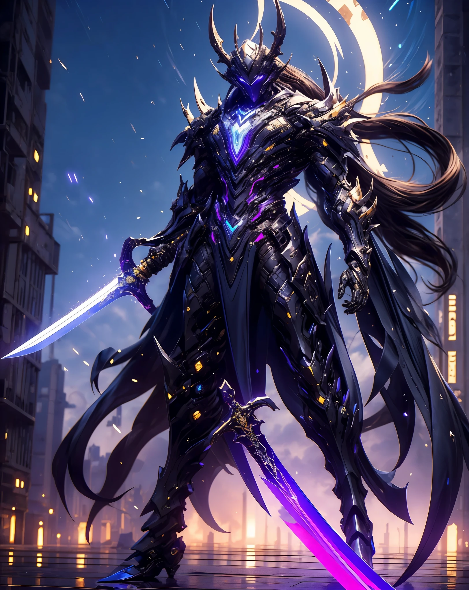 a close up of a person in a purple costume holding a sword, purple armor, sleek purple armor, 8k hd wallpaperjpeg artifact, 8 k hd wallpaperjpeg artifact, ethereal and mecha theme, sigma from overwatch, purple glowing core in armor, menacing. unreal 5, cyber suit, cyber armor, 8 k high detail concept art, ultra wide shot, full body shot, (masterpiece) ， the best quality， High Quality， （futurism：1.1）， （A paladin holding a light infused sword, light magic, divine, magewave, silver and gold）， movie lights， （Exquisite future）， Beautiful and beautiful， Ultra detailed， Great composition， floating， Depth of field， （Very detailed CG，Unity 8k壁纸）， （Beautiful detail background）， Beautiful hair details， dramatic lights， GOGETTA， mecha，Bestquality，ultrahighres，photorealistic, Pale skin handsome man, wearing beautiful elegant black_red suit, dark_fantasy, curly long hair, red moon, pixiv, vampire, elegant spooky, ffxiv, dramatic light, fantasy background, manga style, Tsutomu Nihei style, vibrant co